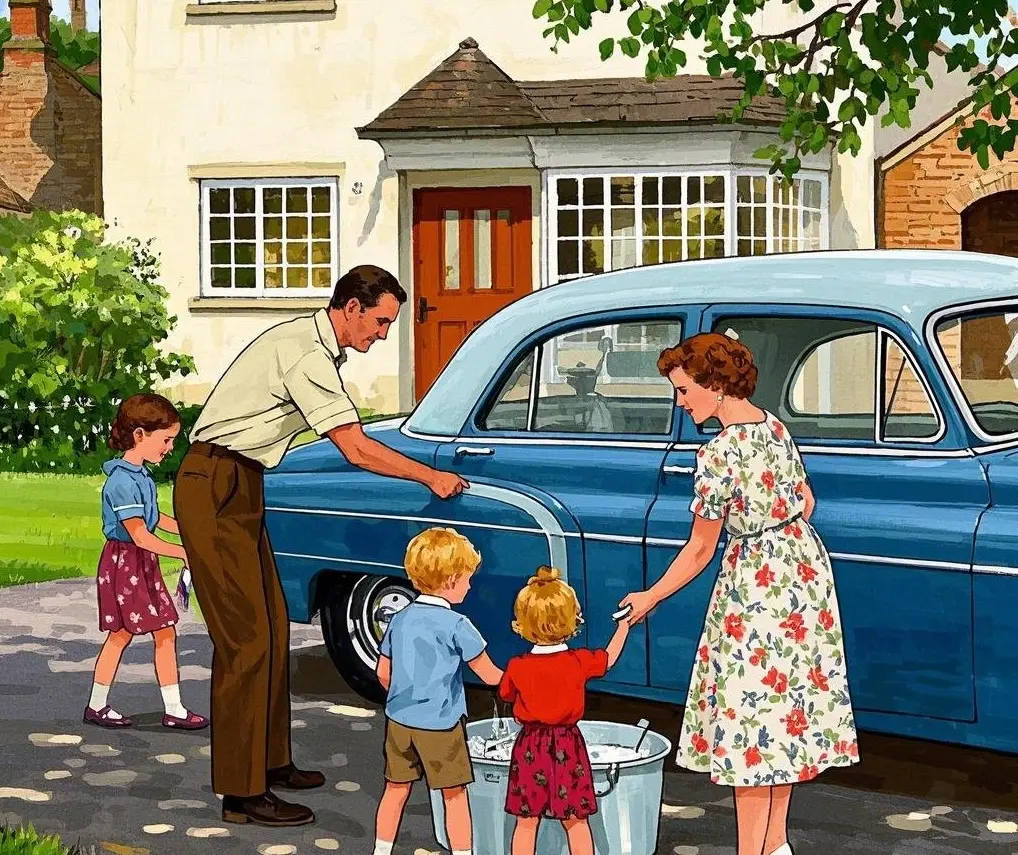 A man and a woman teach their children how to wash their 1950s car on the driveway of an English hou... (1).webp